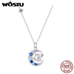 Necklaces WOSTU 925 Sterling Silver Fantasy planet Pendant Neckace For Women Multi Color Zircon Moon Charm Links Girl Birthday Jewelry Pa