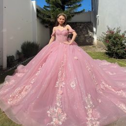 Pink Glitter Sweetheart 16 Quinceanera Dresses Off Shoulder Bling Bling Applique Beads Tulle Birthday Party Dress vestidos de 15