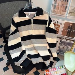 Men's Hoodies American Retro Half Zip Striped Hoodie For Men Women's Spring Autumn Preppy Lapel Blouse Oversize Loose Long Sleeved Top