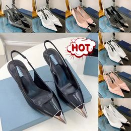 Luxury Dress Shoes Women Slingback Pump sandals High Heels 75mm Logo Pointed Toes Brushed Leather pumps Fashion Womens Designer Wedding Party Sandal Box Large 35-41