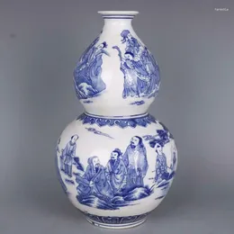 Bottles Chinese Blue And White Porcelain Gourd Shape Character Vase 12.8"