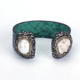 Bangles Natural Freshwater Pearl Rough Druzy Stone Charm Pave Rhinestone Teal Green Real Snake Leather Wide Big Open Bangle Cuff Women