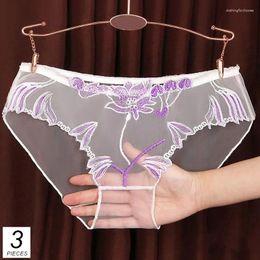 Women's Panties 3PCS Solid Full Mesh Sexy Briefs Embroidered Floral Transparent Plus Size Seamless Underwear Low Waist Erotic Lingerie