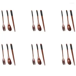 Dinnerware Sets 6X Wooden Flatware Set Portable Chopsticks Spoon Fork Tableware With Black Twining Thread-ABUX