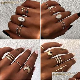 Cluster Rings New Fashion 5Pcs Set Simple Cross Moon Gold Finger Ring For Women Retro Geometric Rings Party Jewellery Gift Dr Dhgarden Dho5U