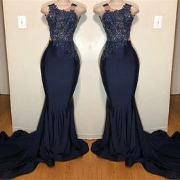 Gorgeous Black Prom Dresses Sexy Mermaid Jewel Neck Appliques Ruffles Long Satin Evening Gowns Custom Made