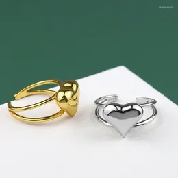 Cluster Rings Fashion Simple Double Line Heart-shaped Ring Elegant Girl Silver Color Adjustable Charm Women Cocktail Party Jewelry