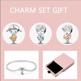 Bangles 5pcs/lot 925 Original Silver Boy Girl Charm Set Heart Bracelet With Pink Box For Best Friend Friendship Jewelry Anniversary Gift