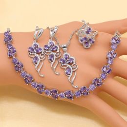 Sets Sterling Silver Women Dubai Jewelry Sets Purple Cubic Zirconia Bracelet Geometric Earrings/Pendant/Necklace/Ring Free Gift
