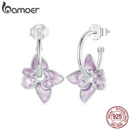 Earrings BAMOER 925 Sterling Silver Dainty Purple Flower Earrings, White Gold Plated Delicate Floral Studs Earrings Personalised Gift