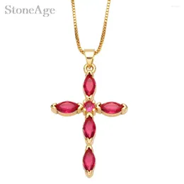 Pendant Necklaces Multicolor Zircon Dainty Cross Women's Gold Colour Box Chain On Choker Neck Luxury Party Fashion Jewellry Gifts