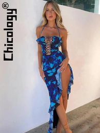 Casual Dresses Chicology Halter Ruffled Slit Printed Sexy Lace-Up Long Dress Summer Vacation Beach Party Club 2024 Women Clothes For