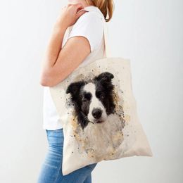 Shopping Bags Cute Cartoon Pet Dog Women Canvas Tote Handbag Eco Reusable Both Sided Watercolour Animal Lady Shoulder Shopper Bag