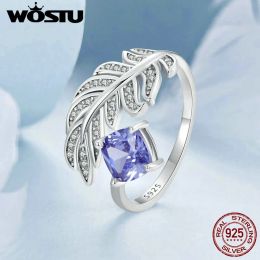 Rings Wostu 925 Sterling Silver Blue Feather Open Ring Simple with Zircon Fine Jewellery for Women Luxury Wedding Party Dating Gift