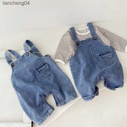 Clothing Sets 2024 Korean Autumn Baby Boys 2PCS Clothes Set Denim Suspender Pants Cotton Striped Long Sleeve Tops Suit Toddler Boys Outfits