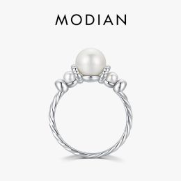 Rings Modian Elegant Fashion Shell Pearl Ring 925 Sterling Silver Exquisite Vintage Female Rings For Women Party Vacation Fine Jewellery