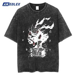 Men's T-Shirts Hip hop mens street clothing anime graphic printing mens summer oversized vintage washing T-shirt fashion short sleeved top T-shirt J240221