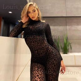 Women's Jumpsuits Rompers Leopard Print Jumpsuit Slim Mesh See Through Sexy Women Long Sleeve Romper Playsuit One Piece Outfits Bodycon Stretch Fit 2024 T240221