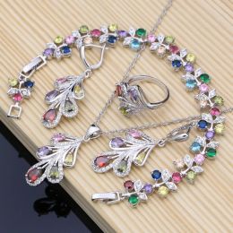 Sets Leaves Multicolor Zircon 925 Silver Jewellery Sets For Women Wedding Earrings With Stone Ring Bracelet Bridal Necklace Set