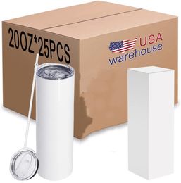 US warehouse Sublimation Tumbler 20oz Double Wall Blanks Stainless Steel Mugs With Plastic Straw ss1214