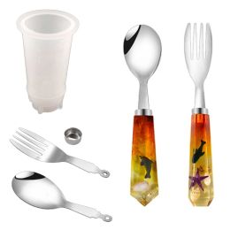 Equipments Stainless Steel Spoon and Fork Set Portable Travel Cutlery Utensil Tableware Handle Epoxy Resin Silicone Mould for Home