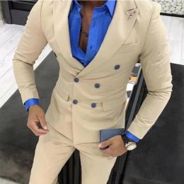 Suits Beige Slim Fit Men Suits with Double Breasted Peaked Lapel Groom Tuxedo for Wedding Custom Male Fashion 2 Piece Jacket Pants