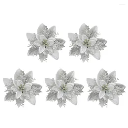 Decorative Flowers 5Pcs Glitter Poinsettia Artificial For Christmas Wreath Tree Decoration