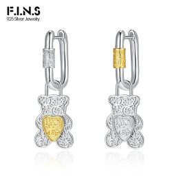 Earrings F.I.N.S Original S925 Sterling Silver Gold Drop Earrings Asymmetrical Embossed Patterns Love Bear Oval Hoops Fashion Fine Jewels