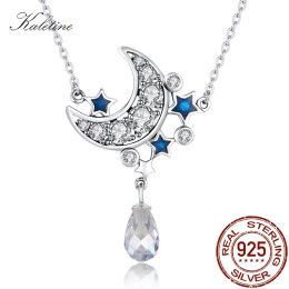 Pendants KALETINE Moon&Star 925 Sterling Silver Pendant Necklaces Blue&Clear Cubic Zirconia Crystal Charm Neckalce For Women 2018 KLTN039