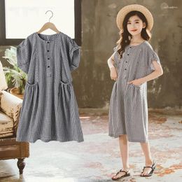 Girl Dresses Korean Summer Children One-piece Dress Elementary Plaid Single-breasted Dressschool Elegant Prom