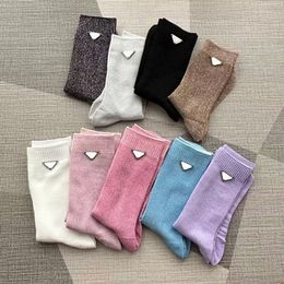 2024 Socks Women Sport Bright Silk Middle Tube Colours Sock Miui Buckle Sport Cotton Wool Skater Breathable Calf Socks Pd