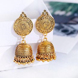 Dangle Earrings Vintage Ethnic Gold Color Jhumka Bijoux Antique Round Carved Bells Female Wedding Jewelry