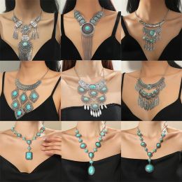 Necklaces Ethnic Turquoise Pendant Necklace for Women Accessories Femme Vintage Antique Silver Colour Necklaces Party Jewellery Prom Gift