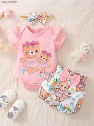 Clothing Sets 0-2Years Newborn Baby Girl Daily Clothes Set Cartoon Bear Short Sleeve Romper + Shorts with Headband Summer Lovely 3PCS Outfit