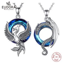 Pendants Eudora Real 925 Sterling Silver Dragon Phoenix Neckalce for Women Luxury Austrian Crystal Dragon Phoenix Pendant Trendy Jewelry