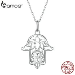 Necklaces Bamoer 925 Sterling Silver Guardian Fatima's Hand Pendant Necklace Flower Pattern Neck Chian for Women Platinum Plated SCN490