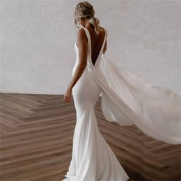 Detachable Train Mermaid Wedding Dress 2024 Deep V Neck Crepe Plain Sleeveless Open Back Simple Bridal Gowns Elegant Vestidos De Novia Customed