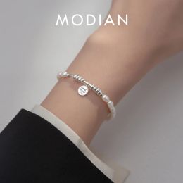 Bangles MODIAN 925 Sterling Silver Lukcy Circle Baroque Pearl Adjustable Chain Link Platinum Plated for Women Christmas Gifts Jewelry