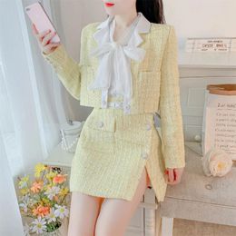Two Piece Dress UNXX Spring Autumn French Style Blazer Collar Plaid Short Jacket Midi Skirt Set For Women Female Office Lady