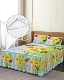 Bed Skirt Flower Sunflower Butterfly Postmark Elastic Fitted Bedspread With Pillowcases Mattress Cover Bedding Set Sheet