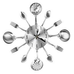 Equipments Metal Kitchen Cutlery Wall Clock 14 Inch with Fork Spoon 3D Non Ticking Quartz Watch Clock for Bedroom Home Decor,Silver