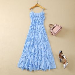 2024 Summer Sky Blue Solid Colour Ruffle Dress Spaghetti Strap Scoop Neckline Purple Panelled Long Maxi Casual Dresses S4F210221