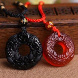 Pendants Natural Obsidian and Red Agate Pixiu Jade Pendant Jewellery Lucky Exorcise evil spirits Auspicious Amulet Pendant Fine Jewellery