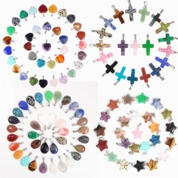 Necklaces Wholesale 50pcs/lot Natural Stone Moon Pendants Charms Necklace for Jewellery Making Mix Heart Stars Cross Pillar Gemstone Gifts