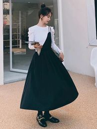 Work Dresses LANMREM Korean Style Contrast Colour 2 Piece Set White Long Sleeves T-shirt Irregular Black Sling Spring 24885