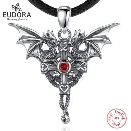 Pendants Eudora 925 Sterling Silver Viking Dragon Necklace For Man Women Gothic Two Dragon Cross Amulet Pendant Personality Jewelry Gift