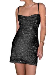 Casual Dresses Women Spaghetti Strap Backless Mini Dress Sexy Sleeveless Glitter Bodycon Wrap Y2k Cami Short Club Party