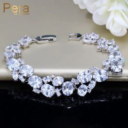 Bracelets Pera Sparkling Silver Color Women Engagement Party Jewelry Big Round Shape Connected Bangle & Bracelet For Best Friend Gift B127