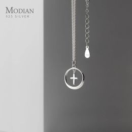 Pendants Modian New Fashion Mini Cross Geometric Round 925 Sterling Silver Pendant for Women Link Chain Adjustable Necklace Fine Jewelry