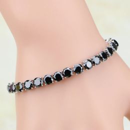 Bangles Black Cubic Zirconia Silver Color Round Link Chain Bracelet 7 inch For Women Free Shipping & Jewelry Bag S086